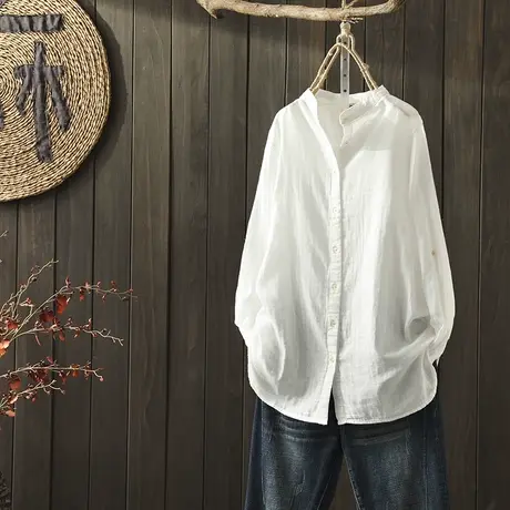 枫谜19年秋装文艺简约双层纱中长款长袖衬衫女宽松大码白衬衣上衣商品大图