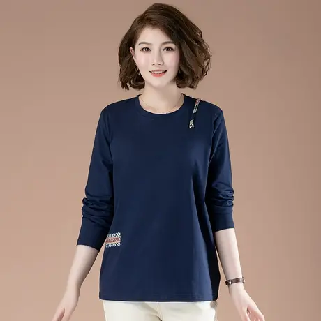 秋季新款加肥加大码女装长袖T恤宽松显瘦纯棉贴布妈妈装打底衫商品大图
