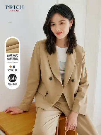 PRICH西装新品秋冬新款抗起毛球垫肩双排扣驳领短款外套女图片
