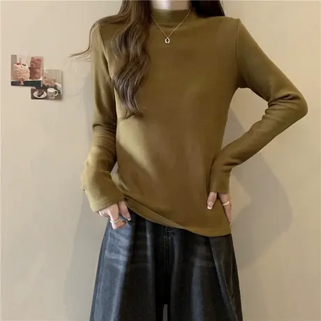 加绒加厚打底衫女秋冬内搭德绒磨毛长袖T恤修身半高领上衣ins潮牌商品大图