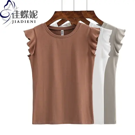 夏季新款韩版圆领修身荷叶边短袖体恤打底衫纯白纯色休闲女T上衣商品大图