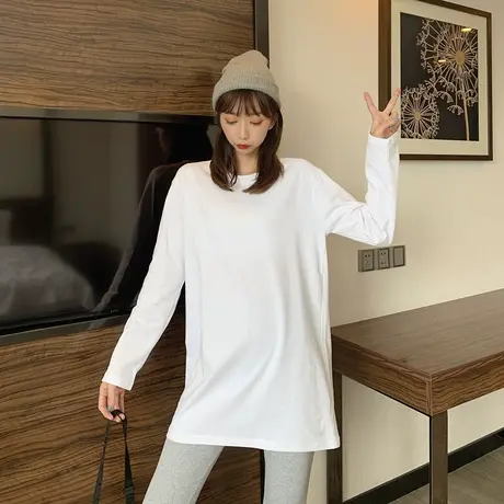 chic韩版简约风大码加绒长袖t恤打底衫ins潮秋冬纯棉白色内搭上衣商品大图