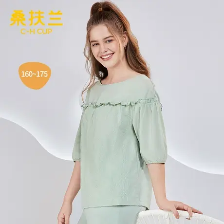 桑扶兰立体绣花梭织棉睡衣女士中袖长裤家居服薄款两件套装商品大图