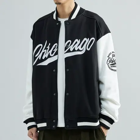 撞色棒球领男士夹克2022秋冬新款潮流微宽松加绒加厚外套拼接上衣图片