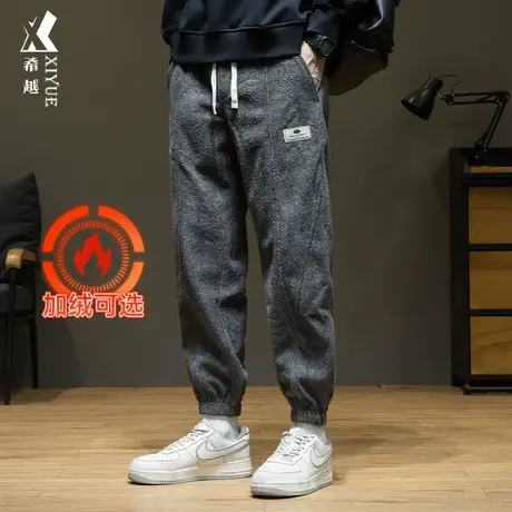 希越加绒加厚男士卫裤秋冬重磅休闲裤子宽松加大码美式拼接运动裤商品大图