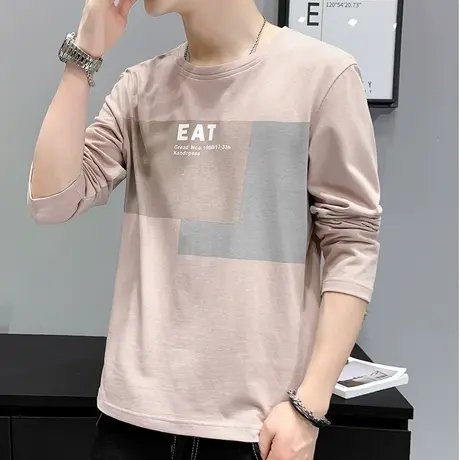 春秋款小众潮牌印花纯棉体恤春季男款全棉圆领T恤春天长袖上衣服商品大图