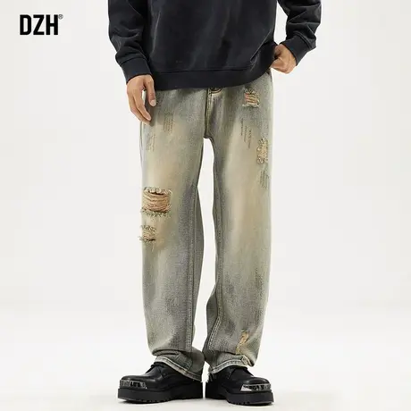男士黄泥色破洞牛仔裤男直筒宽松美式复古vibe裤子2024年新款秋季商品大图