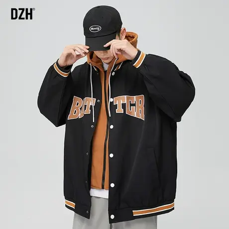 男士假两件外套男潮牌宽松秋季黑色休闲夹克美式复古男装2023新款商品大图