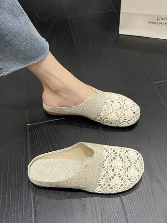 女鞋2023夏季新款蕾丝包头半拖鞋女夏季网面镂空懒人外穿凉拖鞋潮商品大图