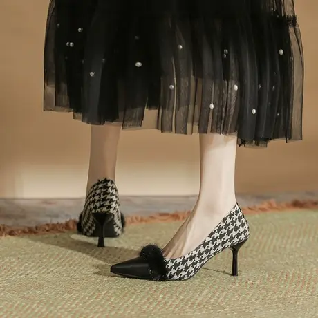 法式小众千鸟格高跟鞋女细跟2024年秋冬新款浅口百搭尖头职业单鞋图片