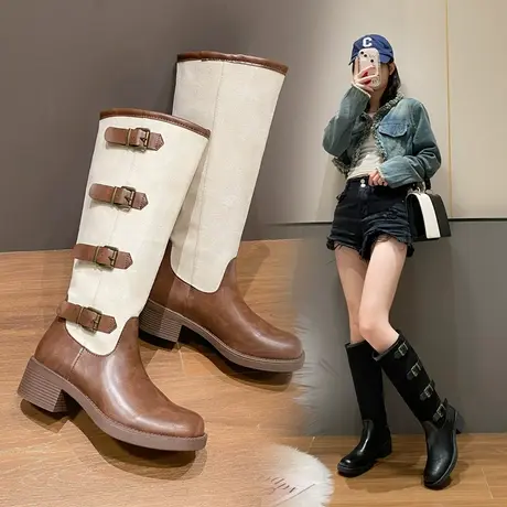 法式粗跟靴子女2023新款复古长靴西部牛仔靴棕色骑士高筒靴中筒靴商品大图