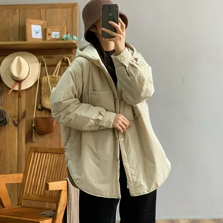 dza 复古纯色净版中长款棉服外套女冬连帽口袋棉衣宽松轻便棉袄女图片