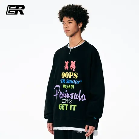 ER美式街头撞色笑脸字母圆领卫衣男春季休闲打底衫宽松情侣装外套商品大图