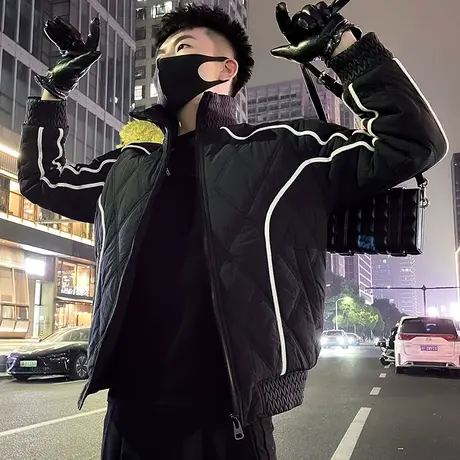 冬季棉衣男2023新款时尚韩版明线拼接设计感个性加厚菱格棉服外套商品大图