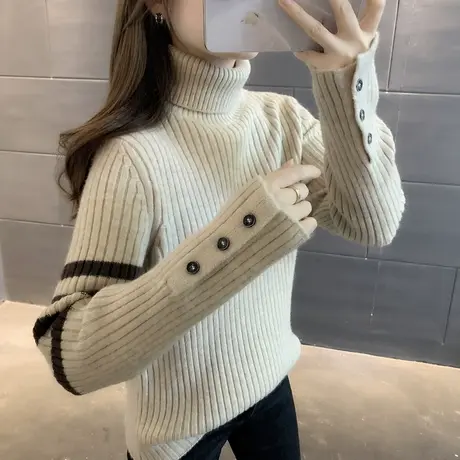 高领毛衣女加厚套头2025春季装新款宽松条纹长袖针织衫百搭打底衫商品大图