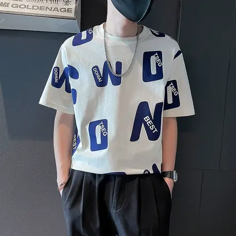 短袖t恤男夏季新款男装上衣潮牌半截袖痞帅圆领字母满印印花体恤T商品大图