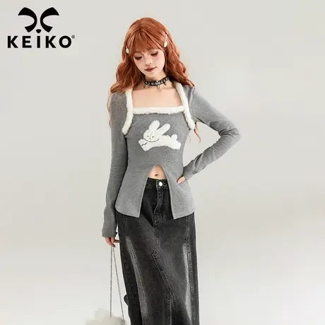 KEIKO 纯欲风兔子贴花针织上衣24春季甜辣妹方领显瘦短款长袖T恤图片