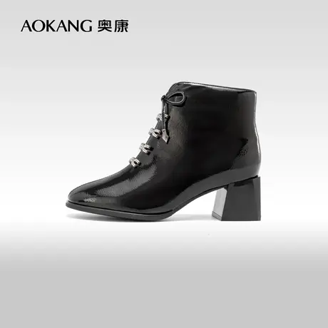 奥康女鞋 2023冬季新款英伦风瘦瘦靴粗高跟时尚短靴子舒适百搭商品大图
