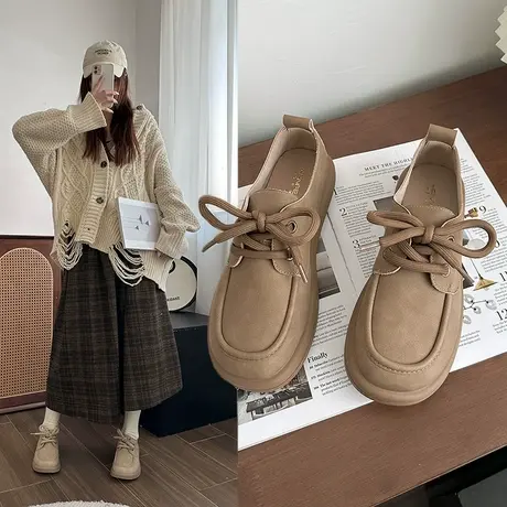 系带圆头勃肯鞋女厚底2024春季新款平底单鞋百搭日系复古小皮鞋子商品大图