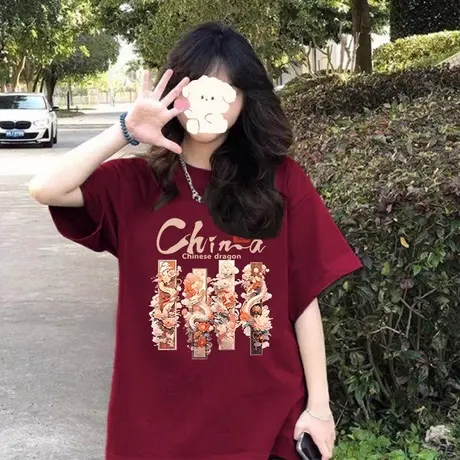 国潮卡通纯棉短袖chic复古大码圆领T恤女ins春夏龙年百搭情侣上衣商品大图