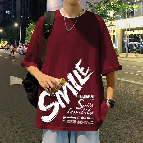 美式宽松短袖T恤男夏季2024新款纯棉情侣上衣潮牌半袖酒红色体恤商品大图