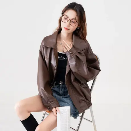 othermix 小个子PU皮衣外套女2024春季新款宽松休闲百搭上衣夹克图片