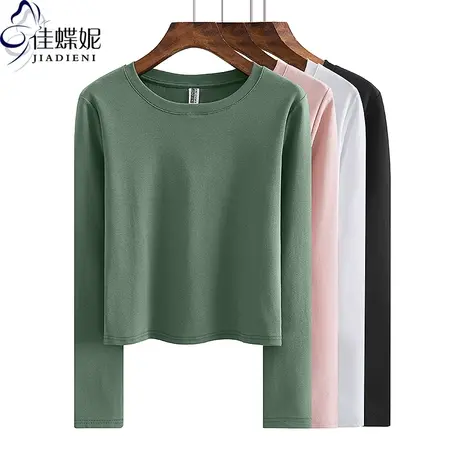 早春新款韩版圆领修身显瘦短款纯欲纯棉纯色长袖体恤上衣女打底衫商品大图