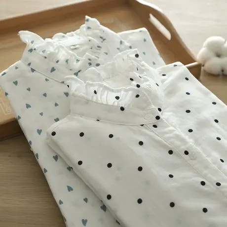 春秋韩版文艺木耳花边立领点点双层纱纯棉长袖衬衫女宽松打底上衣商品大图