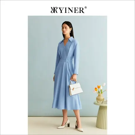 YINER音儿女装冬季法式优雅通勤海鸥领收腰羊毛毛呢连衣裙商品大图