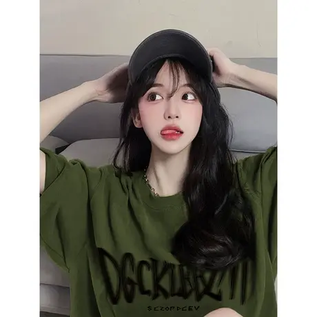 军绿色短袖t恤女夏季美式复古hiphop小众设计感潮牌宽松半袖上衣商品大图