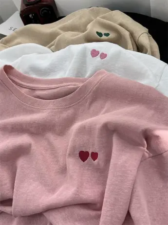 双爱心刺绣竹节棉短袖t恤女夏季薄款韩版宽松慵懒风圆领半袖上衣图片