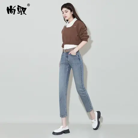 尚驭高腰牛仔九分烟管裤怀旧蓝色弹力牛仔小直筒裤2024年春季新款商品大图