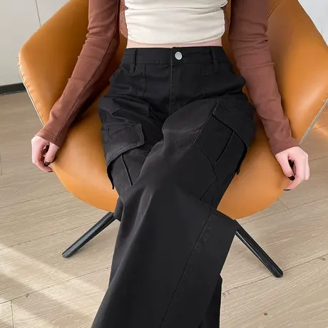 黑工装裤女2024春秋季新款宽松显瘦直筒裤高腰百搭登山休闲阔腿裤图片