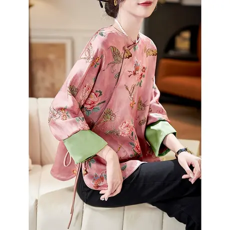 宝诗黎蝙蝠袖提花长袖雪纺衫2024春季新中式气质短款百搭上衣女商品大图