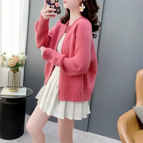 韩系高级感拉链毛衣开衫女春季2024年新款宽松短款小个子针织外套商品大图
