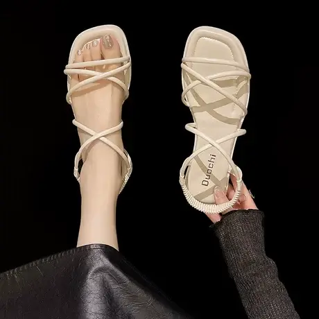 松紧带凉鞋女仙女风女夏外穿2024新款韩版交叉绑带沙滩平底罗马鞋图片