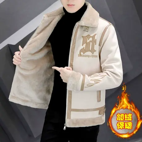 羊羔毛领麂皮绒夹克外套机车棉服男款冬季潮牌加绒加厚痞帅棉袄衣商品大图