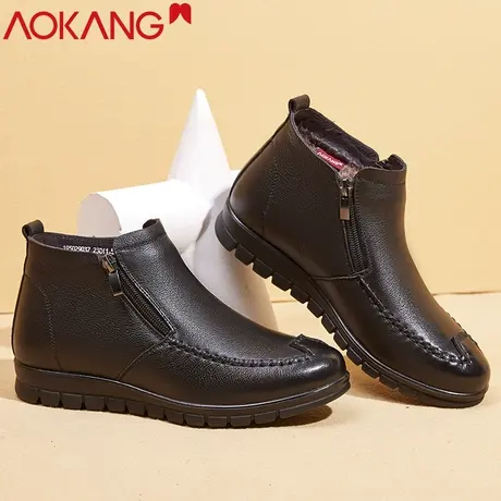 奥康女鞋2022新款皮棉鞋女冬季平底短靴保暖加绒软底防滑中老年人商品大图