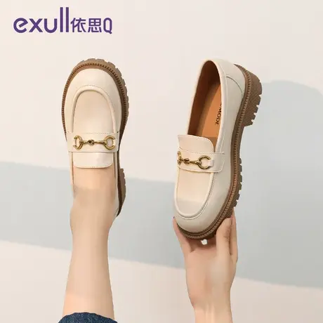 依思q单鞋2023年新款秋冬女鞋法式乐福鞋一脚蹬平底粗跟小皮鞋商品大图