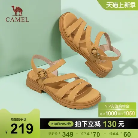 骆驼女鞋2023年夏新款真皮一字带时装凉鞋粗跟露趾舒适罗马凉鞋女图片