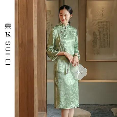 素飞原创改良旗袍桑蚕丝气质长裙2023年春手工盘扣中式连衣裙绿色商品大图