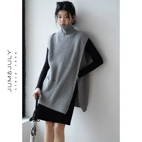 嘉茱莉2023秋季新款1OO羊毛漏斗针织衫女高领针织马甲背心飞飞袖商品大图