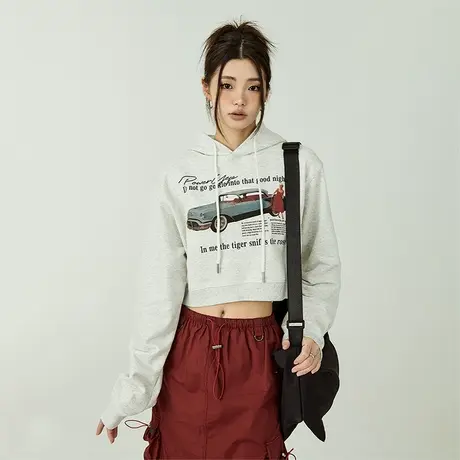 美式辣妹风露脐连帽短款卫衣女小个子春秋款宽松新款ins潮牌外套商品大图