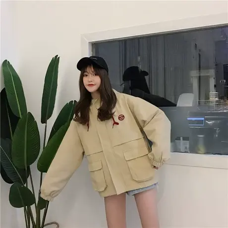 连帽工装短外套2021春季新款女士韩版纯色宽松休闲贴标时尚上衣潮商品大图