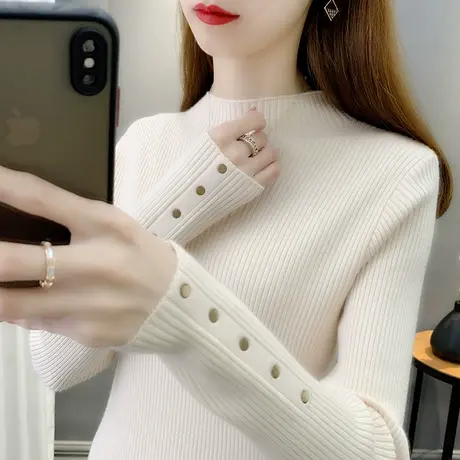 打底衫女内搭秋装女2023年新款套头圆领修身显瘦铆钉针织毛衣洋气商品大图