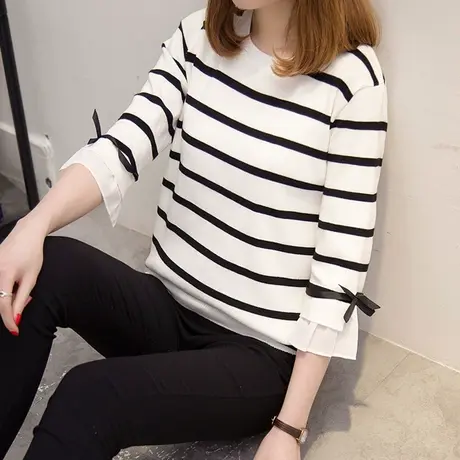 秋季新款针织衫女毛衣短款套头条纹打底衫薄款宽松春秋喇叭袖上衣商品大图