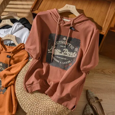 短袖连帽卫衣休闲文艺复古2022春夏新款字母T恤宽松百搭显瘦上衣商品大图