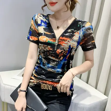 性感V领拉链T恤女短袖夏装2023新款复古印花上衣洋气修身网纱小衫图片