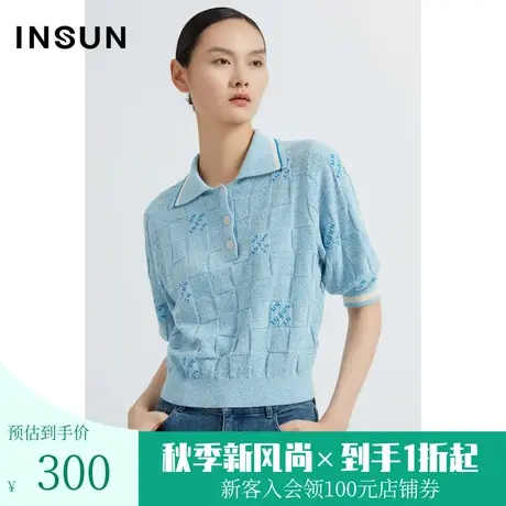 恩裳2023年早春花式纱蓝白复古polo领针织肌理感上衣商品大图