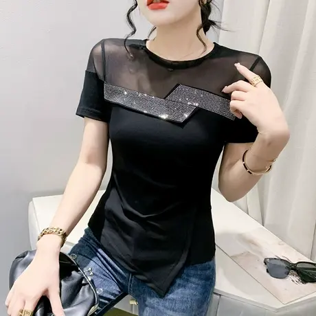 网纱拼接短袖T恤女2023夏新款性感修身小衫不规则烫钻上衣设计感商品大图